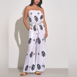 Elan Strapless Jumpsuit in White Black Embroidery